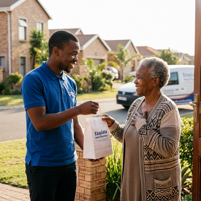 Ezaplaza Medi Pharmacy delivery person handing medication to a patient at their door